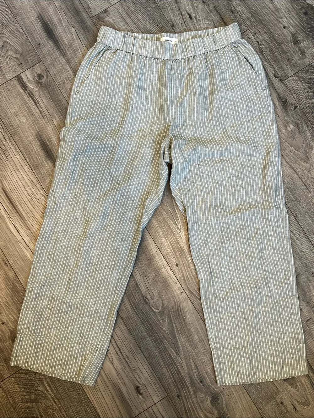 Everlane European Flax Sage Green White Stripe The Linen Easy Pant- Size XL